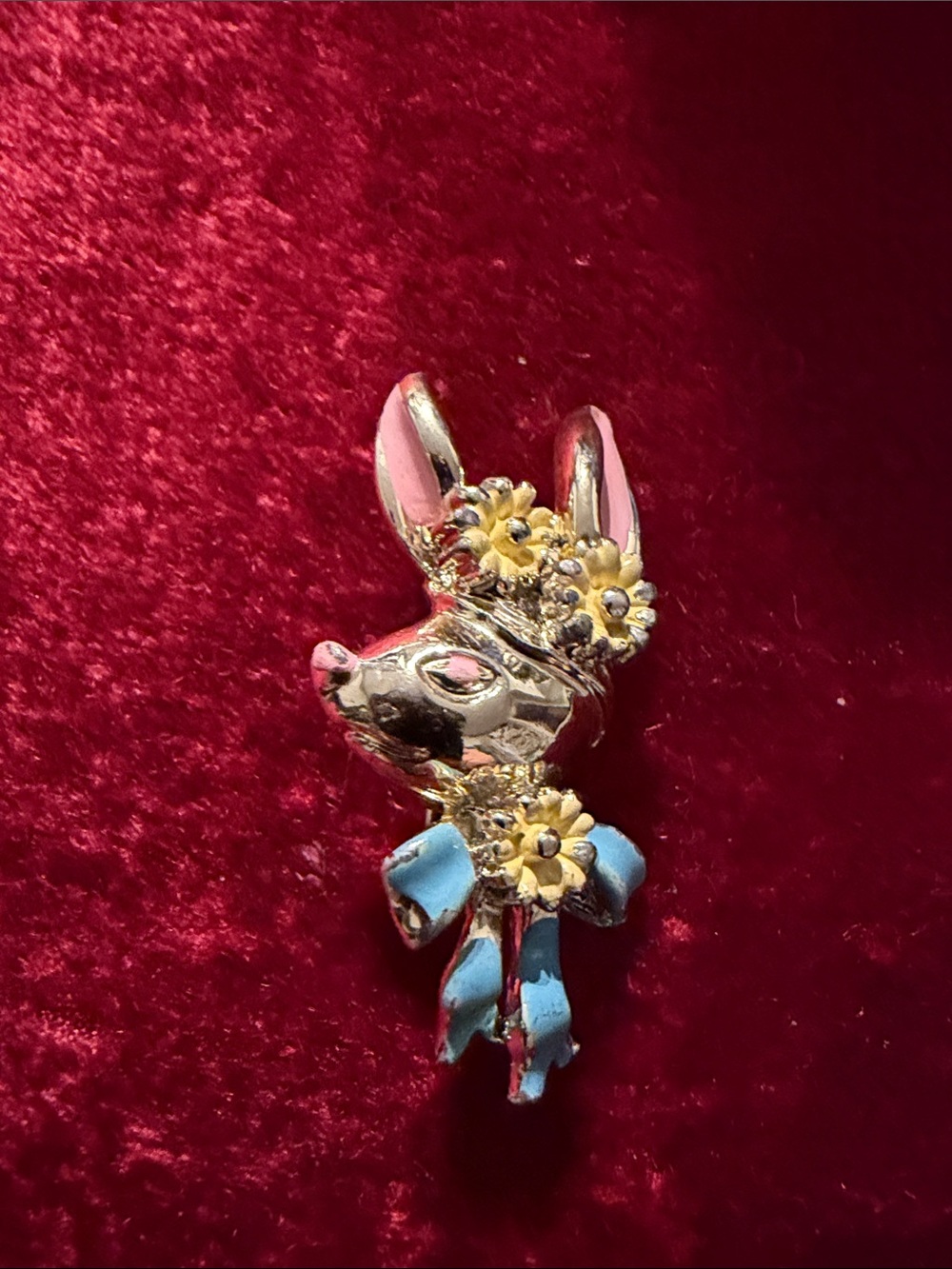 Vintage Bunny Flower Brooch Pin in Pink and Blue